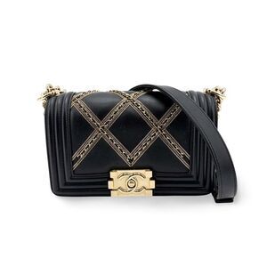 Chanel Boy Chanel Flap Bag Chain Emblem Small Black Gold Hardware